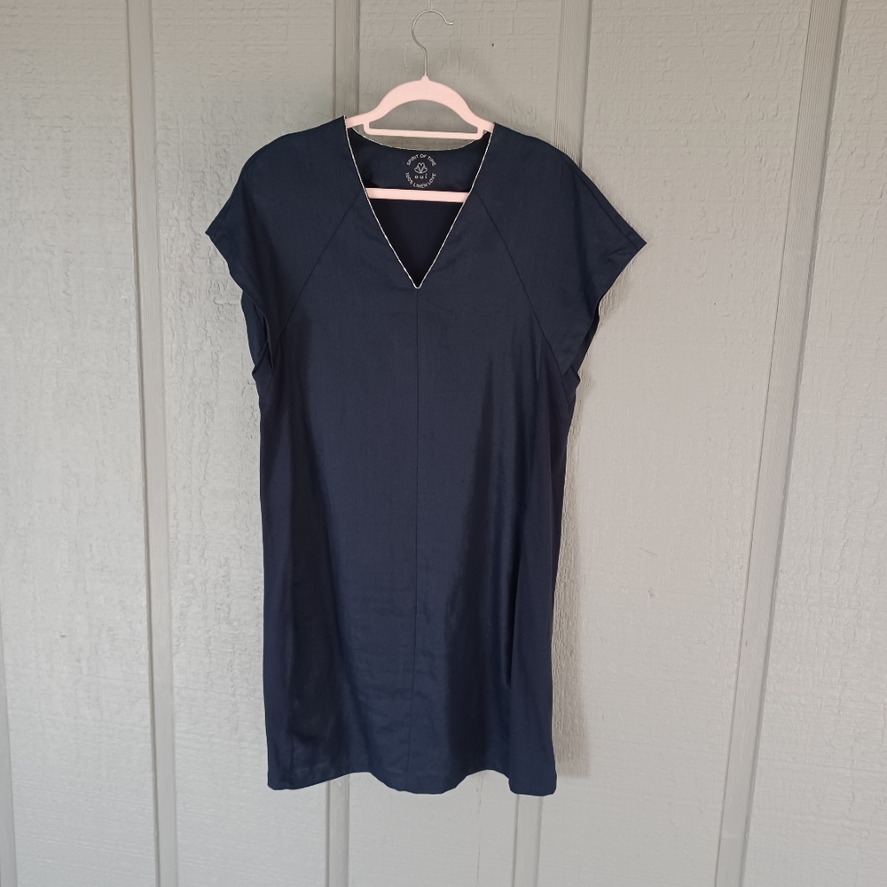 Oui V Neck Mixed Media Linen Cotton Dress Size 8 Women Preppy Pockets In Navy